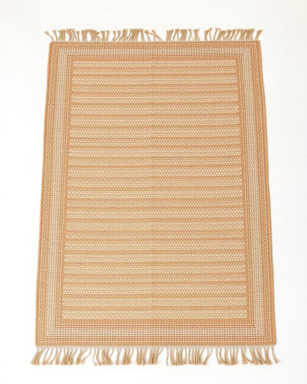 Nuzi Flatweave Rug — fringed flatweave cotton rug in warm sand tones, photographed from above, 140×200 cm, styled in a minimalist cream interior