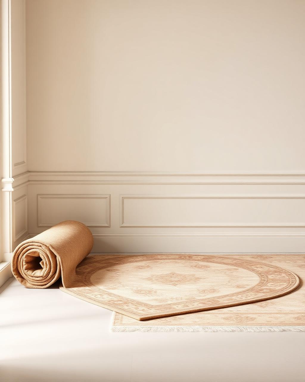 Washukanni Heirloom Rug — hand-knotted wool rug with a soft champagne medallion motif, 160×230 cm, styled in a minimalist cream interior