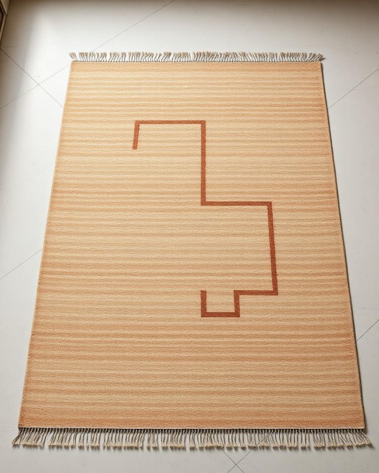 Harran Bronze Line Rug — hand-knotted rug in warm sand with a single bronze outline motif and ivory fringe, 140×200 cm, styled in a minimalist cream interior