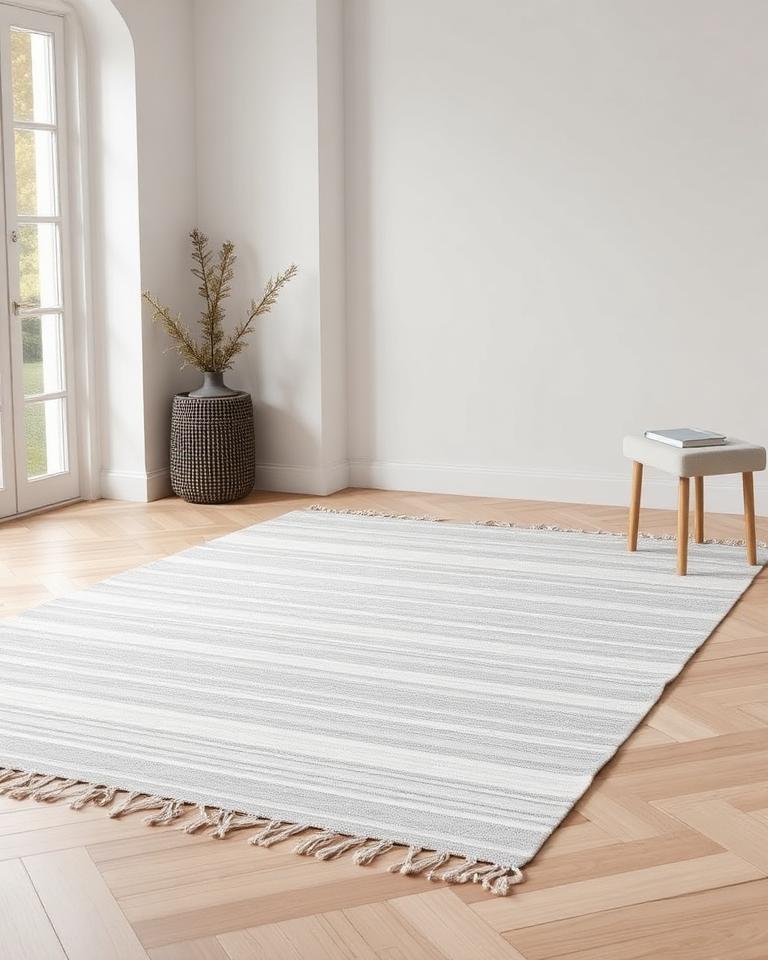 Mardin Stripe Rug — flatweave cotton rug in dove grey with tonal stripes and knotted fringe, 160×230 cm, styled in a minimalist cream interior