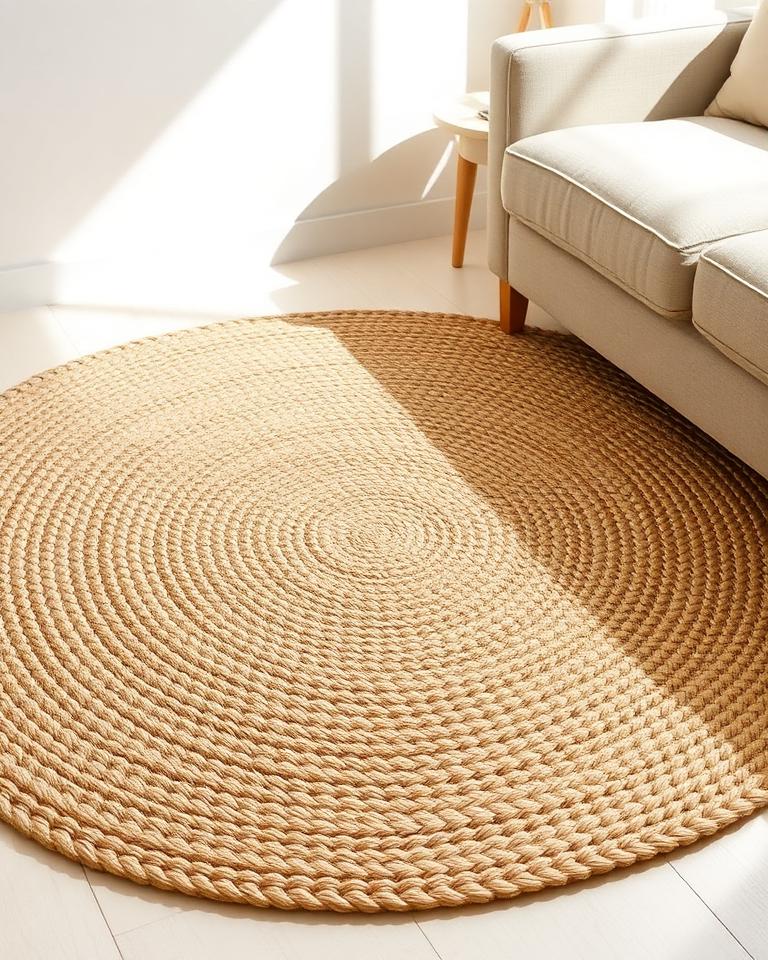 Nagar Round Jute Rug — round handspun jute rug with braided rope coils in honey beige, 120×180 cm, styled in a minimalist cream interior