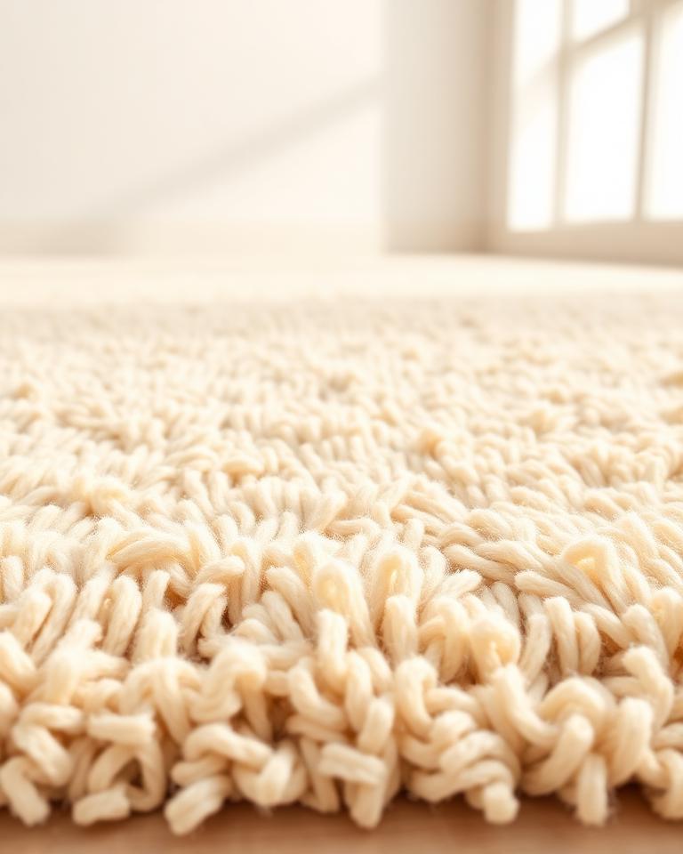 Alalakh Cloud Rug — close-up of a cream plush shag wool rug with a soft looped pile, 120×180 cm, styled in a minimalist cream interior