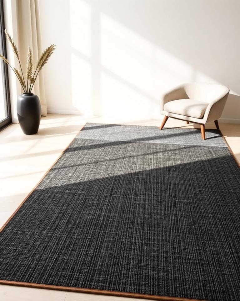 Emar Graphite Rug — graphite wool blend rug with a fine grain weave in a sunlit room, 200×290 cm, styled in a minimalist cream interior