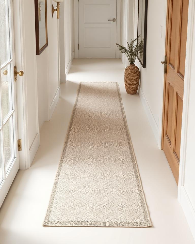 Qatna Runner Rug — ivory chevron runner rug with a grey border in a bright hallway, 80×300 cm, styled in a minimalist cream interior